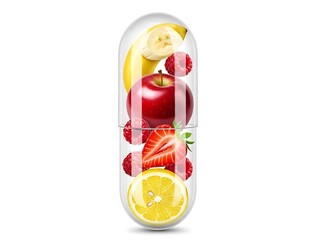 Fruitfilled vitamin capsule for healthy nutrition isolated on white background