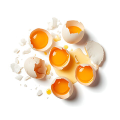 Broken chicken eggs with yolk are isolated on a white background, highlighting them as an ingredient for breakfast.
