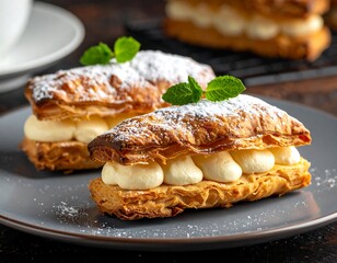 Close-up of two puff pastry cream slices, powdered sugar, mint garnish, on a gray plate, against a dark background