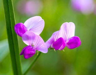 Close-up of two purple and white pea flowers against a green bokeh background, with a blade of grass visible