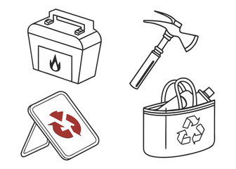 Isometric safety and recycling items on white background fire hazard