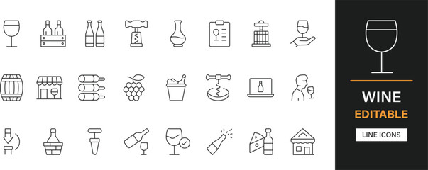 Wine editable line icons pack. Bottle, glass, grapes, vineyard, corkscrew, barrel, champagne, winery, sommelier, tasting, decanter, alcohol and more icons.