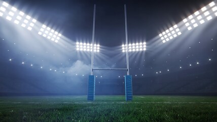 Rugby goalposts on stadium field under bright night lights