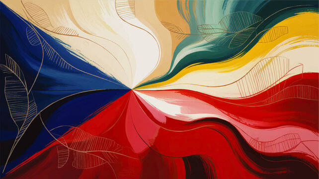 Colorful abstract wave background with flowing red blue yellow brush strokes and delicate leaf line art for modern design