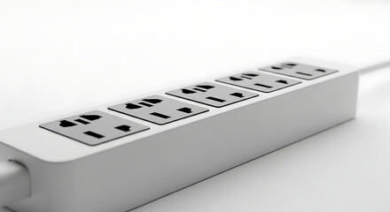 A close up of a white power strip with multiple outlets on a white background in a studio setting ai generated