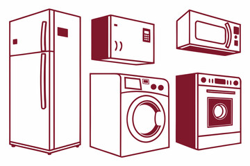 Collection of kitchen and laundry appliances in outline style Keywords: appliance, kitchen, laundry