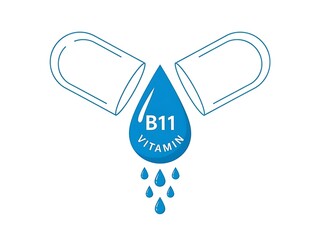 Vitamin b11 capsule with liquid drop isolated on white