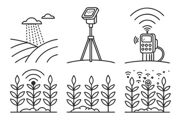 Smart farming technology icons for agriculture on white background rain field