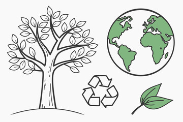 Environmental Icons Featuring a Tree Earth Recycling Symbol and Leaves Keywords: environment, ecology