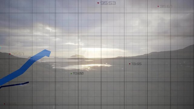 On start grid overlay activating, animating lines rising peaking diverging showing trends over sea