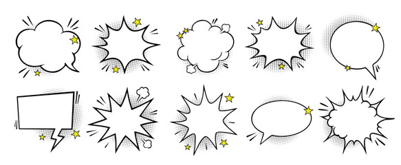Comic Speech Bubble Vector Set, Pop Art Explosion and Chat Balloon Collection