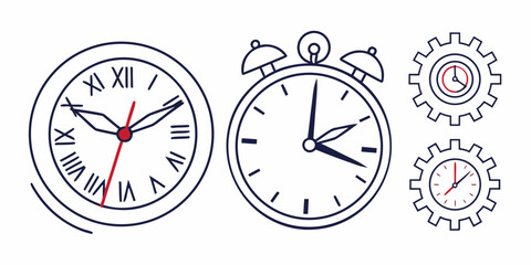 Clocks and gears with Roman numerals and alarm clock on white Keywords: clock, time, watch, alarm