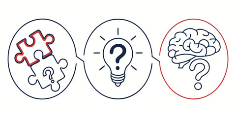 Puzzle pieces brain and light bulb with question marks on white Keywords: puzzle, jigsaw, question