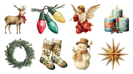 Obraz premium PNG Vintage Christmas festive decoration elements, element set on transparent background