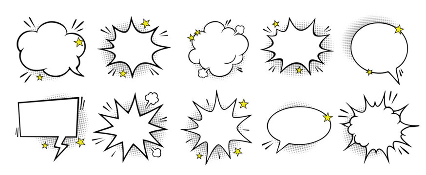Comic Speech Bubble Vector Set, Pop Art Explosion and Chat Balloon Collection