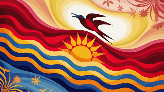 Colorful abstract sunrise seascape with flying bird, wavy lines, floral elements and vibrant summer illustration background