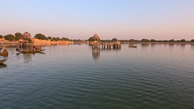Gadisar lake in Jaisalmer at sunet, Rajasthan India. Slow motion