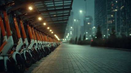 Electric scooters lined up at night in urban setting