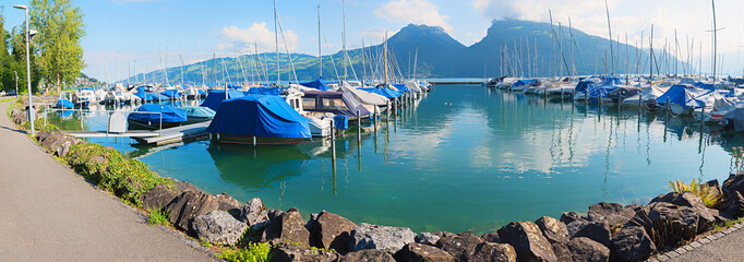 beautiful harbor Guetital near Faulensee, lake shore Thunersee, switzerland