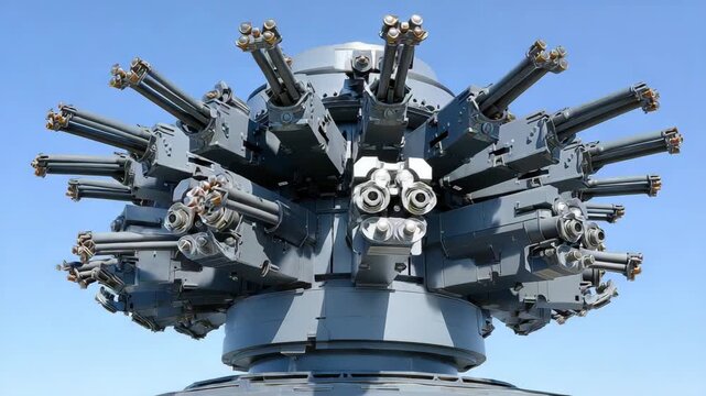 Advanced multi-barrel weapon system displayed under clear blue sky at military exhibition