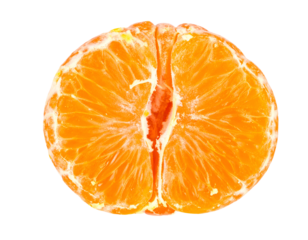 Close up macro of peeled mandarin orange half showing juicy citrus segments on isolated background