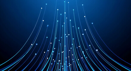 Abstract Blue Glowing Digital Fiber Optic Lines with Data Dots Stream on Dark Background