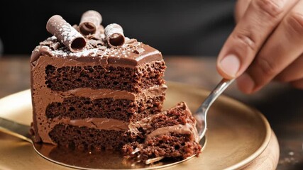 Close-up of a hand using a fork to take a bite of a rich, layered chocolate cake topped with chocolate curls and powdered sugar - Powered by Adobe