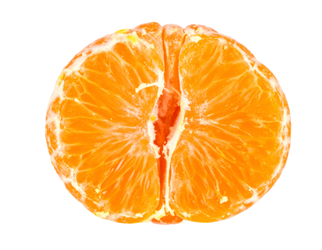 Close up macro of peeled mandarin orange half showing juicy citrus segments on isolated background