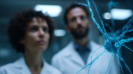 A hyper-detailed scientific visualization showing a close-up of glowing neural cells and molecular structures in vivid electric blue tones. Intricate neuron branches extend across