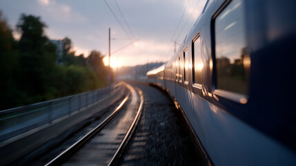A hyper-detailed cinematic shot of a long blue passenger train moving along curved railway tracks at sunset. The metal surface of the train reflects warm golden sunlight, creating