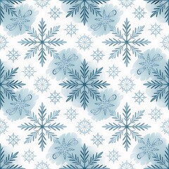 Seamless pattern of delicate blue snowflakes and frosty winter textures on a white background
