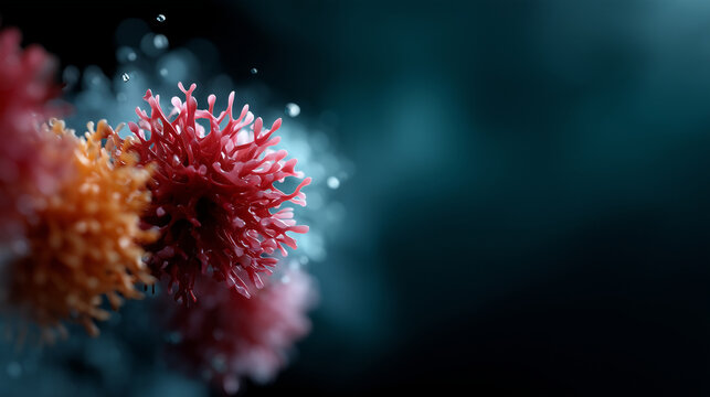 An ultra-detailed microscopic universe filled with vibrant biological forms: massive clusters of cells, viruses, and microorganisms floating in deep space-like darkness. Hyper-real