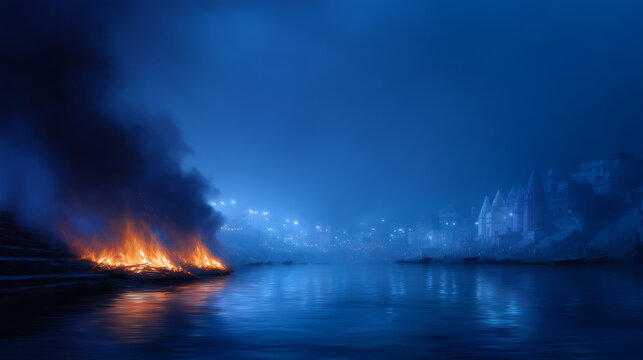 Nighttime ritual fires burning along a riverside in an ancient Indian city. Large wooden pyres glow with deep orange flames and thick dark smoke rising into the night sky. The rive