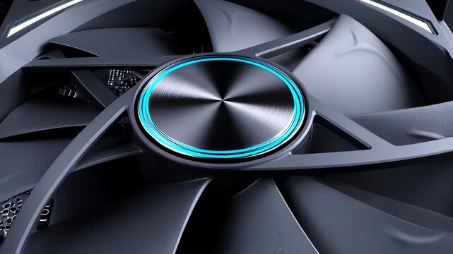 Cinematic 3D animation of a spinning computer cooling fan with neon blue light, showcasing high-performance pc hardware technology inside a dark case.