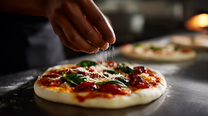Male chefâs hand sprinkling grated cheese over an uncooked pizza topped with tomato sauce, basil leaves, and fresh ingredients; professional pizzeria kitchen, stainless steel count