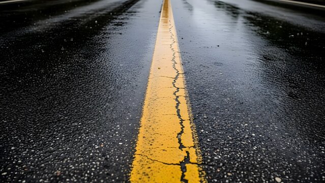Wet asphalt road with yellow line marking on a rainy day