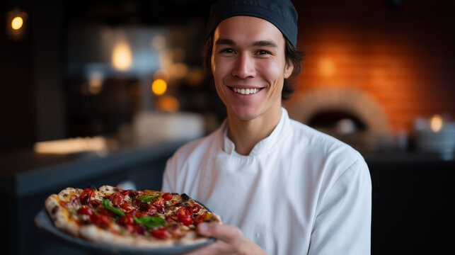 Professional chef wearing a white uniform and chef hat standing in a warm, dimly lit pizzeria, smiling and holding a freshly baked pizza on a peel; golden crust, melted cheese, che - Powered by Adobe