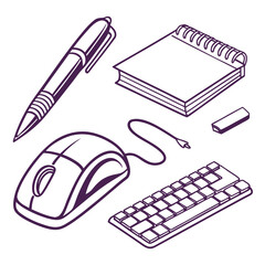Isometric Office Supplies Icons with Pen Keyboard Mouse and Eraser notebook