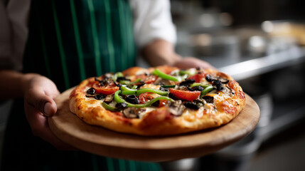 Close-up shot of a freshly baked pizza being held on a wooden pizza peel by a chef wearing a green striped apron; melted cheese, sliced tomatoes, black olives, mushrooms, and green