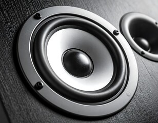 Close-up of two speakers, showcasing their metallic trim and textures, mounted on a dark, wood-grain background