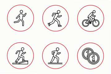Human Activity Icons In Red Circles On White Background running cycling