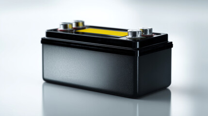 Realistic high-quality studio photograph of a modern car battery, glossy black rectangular casing with metallic terminals on top, yellow and black label design, clean reflections o