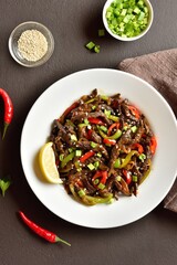 Fried shredded beef steak in spicy, savoury, sweet chilli sauce