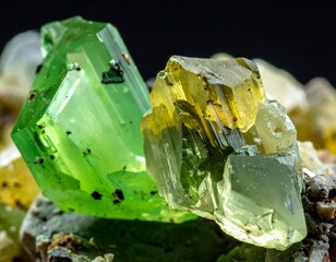 Close-up of two vibrant green and yellow crystals on a matrix, showcasing unique formations against a dark backdrop