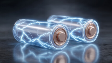 Futuristic 3D neon illustration of three glowing lithium-ion batteries on a dark reflective surface, bright electric-blue outline light, smooth neon edges, one battery lying horizo