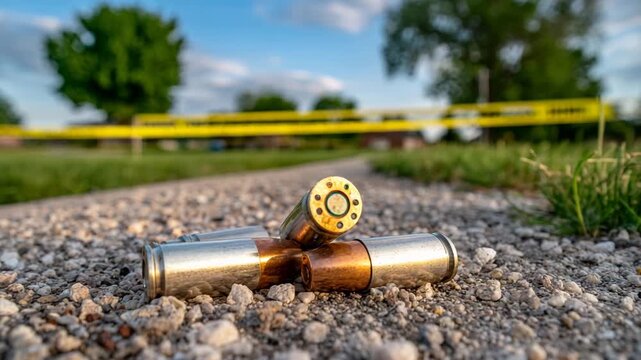 Bullet casings on the ground near a crime scene with police tape in the background during the evening