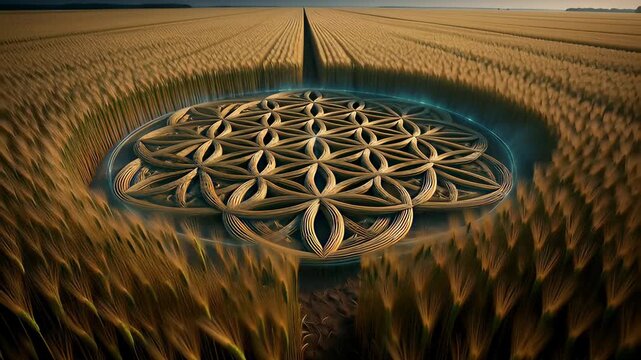 Mystical Flower of Life crop circle glowing with blue energy in a golden wheat field, shown in a cinematic aerial view 3D animation illustrating paranormal mystery concepts.