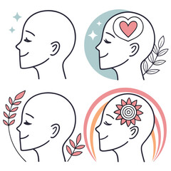 Four stylized human head profiles illustrating mental states and growth face mind
