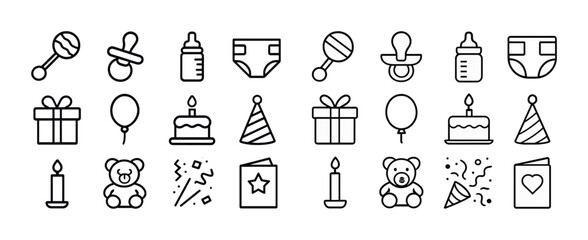 Fototapeta premium Baby and party icon set: rattles, bottles, gifts, and balloons in line art style