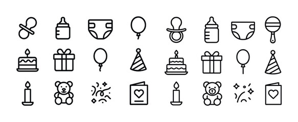 Baby celebration icons set including bottle, diaper, cake, gifts, teddy, candle, balloons